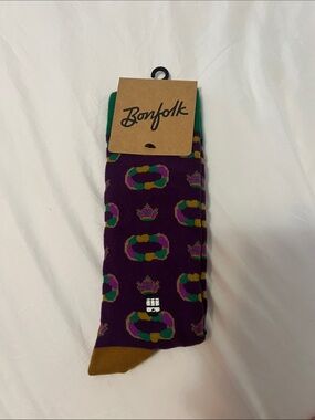 Folk New Orleans Purple Crew Socks with Green, Gold & Pink Motifs